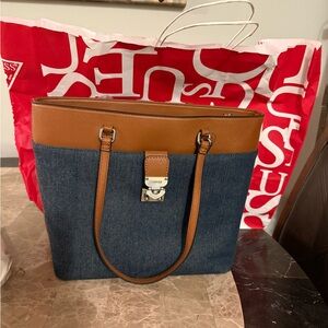 GUESS Denim and Tan Tote Bag